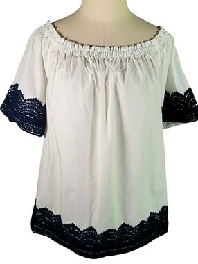 Crown & Ivy White Off-Shoulder Top XL Heavy Navy Lace Trim Boho Preppy Summer